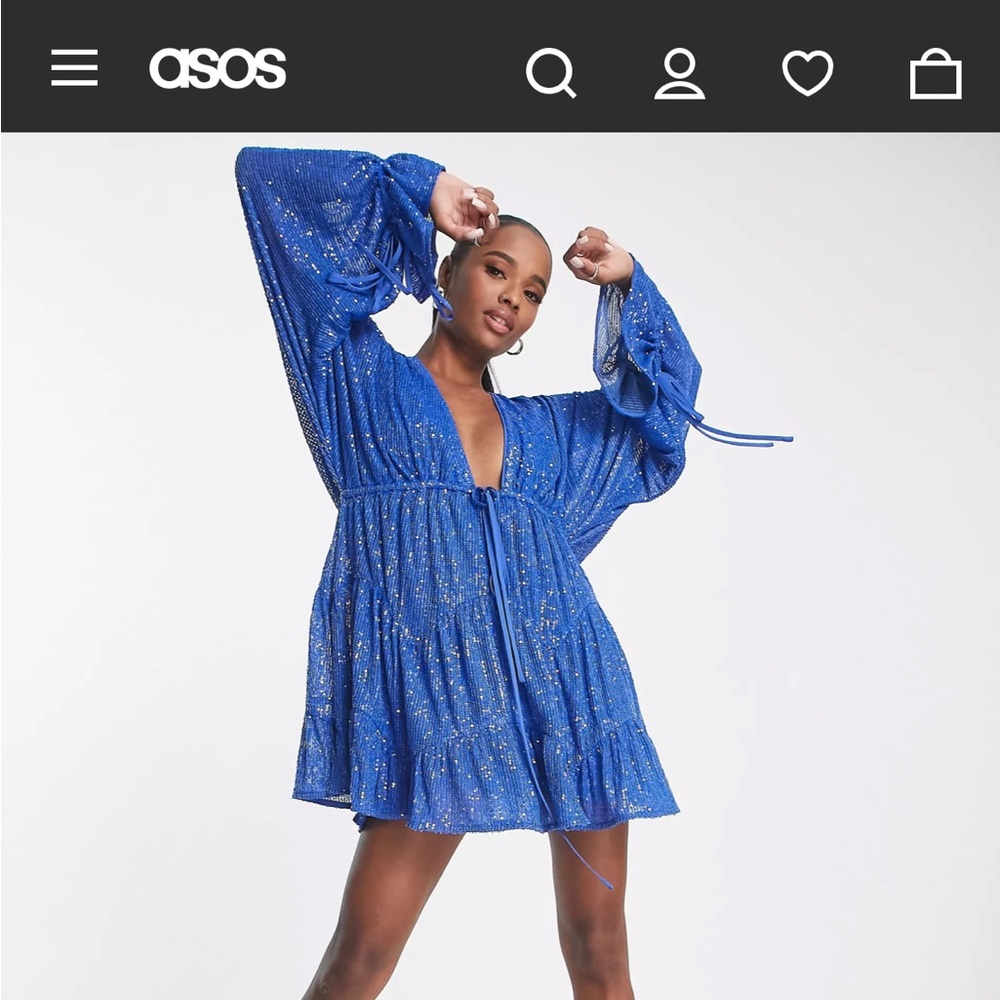 ASOS DESIGN Petite embellished tiered mini dress with tie detail in blue